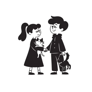 A girl with long brown hair holding the hand of a boy with black hair, both dressed in black, holding a cat and dog sticker