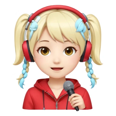 Cute kawaii emoji-style Japanese K-pop singer girl, long platinum blonde hair in twin tails, red outfit, headset mic on cheek, Japanese K-pop idol vibes, big sparkling eyes, chibi proportions, clean lineart, pastel colors, cheerful idol smile, sticker/emoji style, transparent background sticker