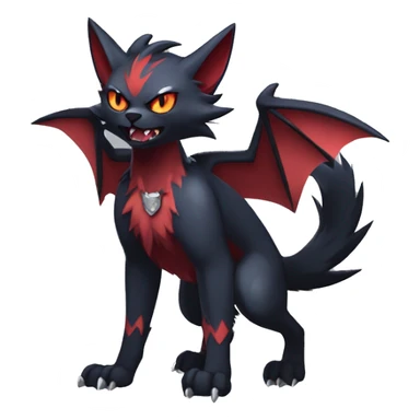  cool edgy beautiful fantasy anime-style dark animal vampiric Litten-Zoroark-Nargacuga-cat-hybrid Fakemon with big fangs and bat-ears full body sticker