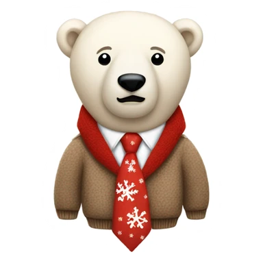 Stuffed polar bear in a brown jumper with a red snowflake and a red tie sticker