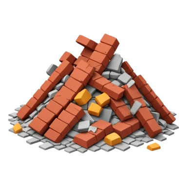 3D iPhone style emoji of a pile of bricks, roof pieces, and wall rubble, scattered and broken, isolated on white background, soft shadows, high detail, playful and cute sticker