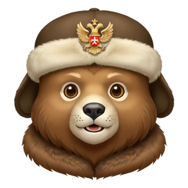 Friendly bear face wearing traditional Russian ushanka hat with double-headed eagle emblem, iOS emoji style sticker