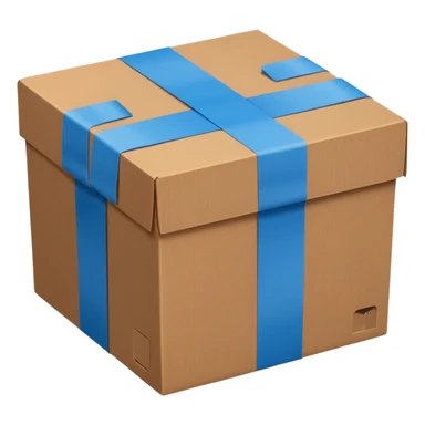 brown cardboard box with two wide blue tape strips in H shape on top, slightly from above, emoji style sticker