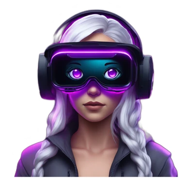 Daenerys Targaryen wearing a black hoodie with "OMG" letters on it and VR headset in a cyberpunk VR environment with violet neon lighting. sticker