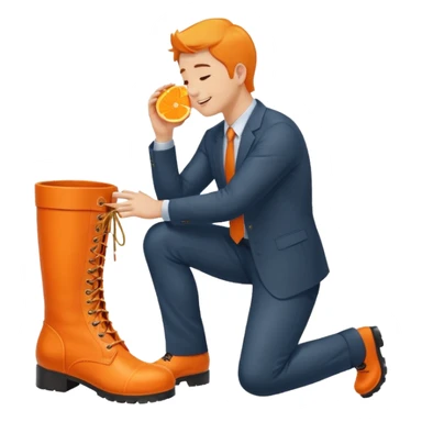 Office worker kneeling and kissing a large orange boot sticker