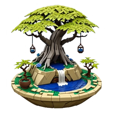 Alien Lego saucer hanging jungle-vines mountain-island landscape antique mudman very old broken cracked intricate Stone Age rocky-crusted irregular dodecagon-shaped shallow dark moss rough bark blue willow flowered maple tree bonsai pot sticker