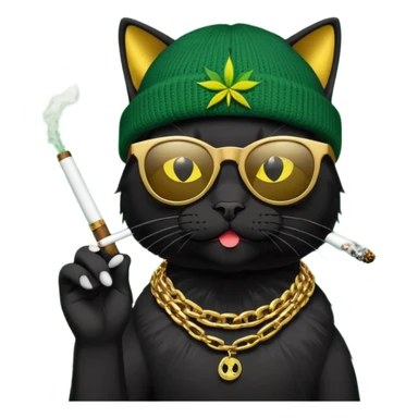 A black cat wearing the deal with it shades and a rasta beanie and smoking a joint and wearing a gold chain that says 420 sticker