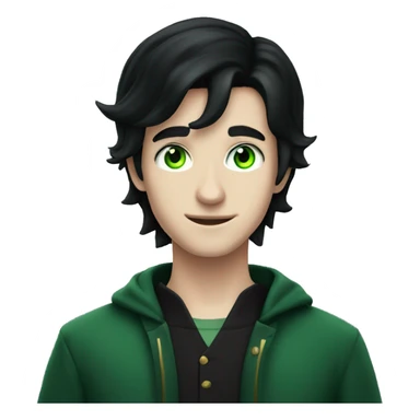 teenage white-skinned magician with black hair, green eyes in dark green disguise sticker