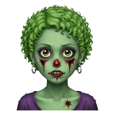 faça uma cabeça verde de zumbi femenina, com im cabelo curtinho cacheado, piercing no nariz, e brincos na orelha e várias cicatrizes, deixe ela macabra sticker