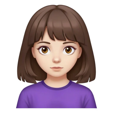 girl brown hair and curtain bangs. brown eyes, pale skin purple shirt  sticker