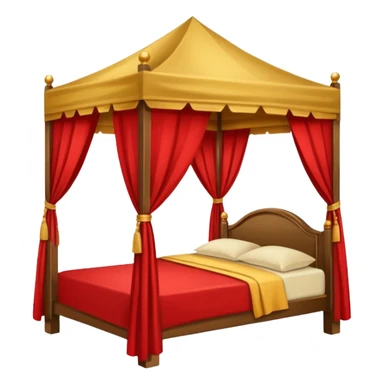 bed with red and gold sheets, wooden, canopy, simple sticker