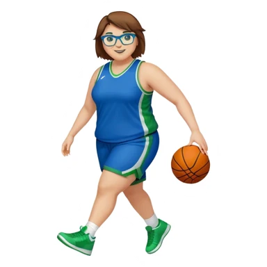 Full Body plus size white female basketball player with short medium brown hair with carmel highlights spike hair wearing blue glasses 
 wide nose wearing blue green uniform  green sneakers smiling  sticker