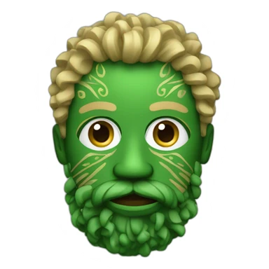 A man wearing a green wooden tribal mask with medium length blonde curly hair and with beard sticker