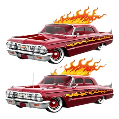 Satan’s streamlined Hot rod custom 1964 impala low rider four door themed painted hood flaming side-mounted under-door chrome exhaust pipes driving straight to hell  sticker