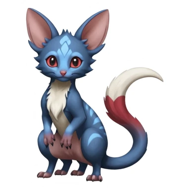 Dark Brown-Oily deep-blue-glittery Minccino-Lykoi-Emolga-Sphynx-Linoone-Zangoose-fusion-hybrid-animal-Fakémon-creature, full body, thin long sleek scaly tail, intricate markings sticker