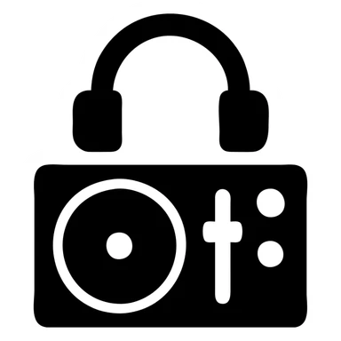 A DJ setup in a black filled icon style, with headphones. sticker