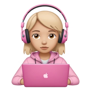 a girl with a pink laptop with headphones, color outline icon style, looking sad sticker