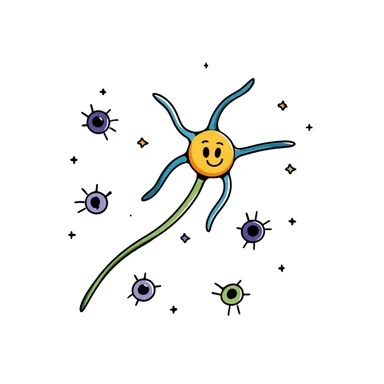 Neuroprotective mechanism illustration: central yellow neuron with orange cell body, blue dendrites, and long green axon, surrounded by supportive glial cells in purple and protective molecules shown as small colored shields. Hand-drawn anatomical diagram with detailed cellular components. sticker