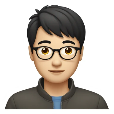 A young Chinese man with black hair, short hair, and a center cut. He has black framed glasses, small eyes, big nostrils, and a round face. He is working with a laptop in front of him sticker