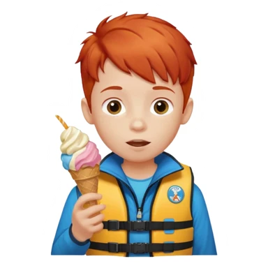 boy kid red haired wearing lifejacket, eating ice cream sticker