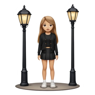 девушка с русыми длинными волосами,  в черной короткой юбке и вязаной черной кофте с дырками, в белых кедах рядом с фонарным столбом sticker