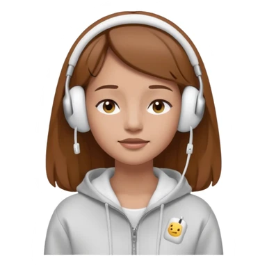 A clean, minimal emoji-style illustration of a light-skinned girl with brown hair worn loose. Her eyes are closed while listening to music with silver AirPods Max. She’s wearing a white zip-up hoodie. Smooth 3D emoji style, soft lighting, neutral tones. sticker