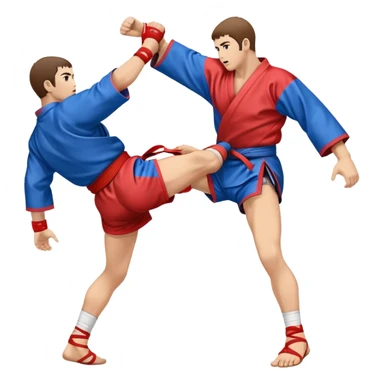An icon symbolizing Sambo, featuring two fighters in blue and red kimonos with shorts and wrestling shoes. One executes a powerful throw, while the other attempts a defensive grab. The fighters are engaged in a grapple, using joint locks and sweeps.  sticker