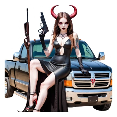 Lilith model red eye sexy black  devil horns.  long brown haired sexy succubus woman with leather long dress slit, sitting on big Large F350 pickup truck. Black Platform high heels on feet. Tattoo sleeve arms, dead human skull of her ex skull is on top of stack of cash and a gun in  hand sticker