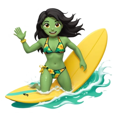 ork female holding small yellow bodyboard, running through shallow turquoise waves, muscular green body, bright floral bikini, fierce joyful grin showing tusks, long wet dark hair splashing, foam and spray, minimalist beach and ocean background, centered emoji, vibrant summer colors, sticker style sticker