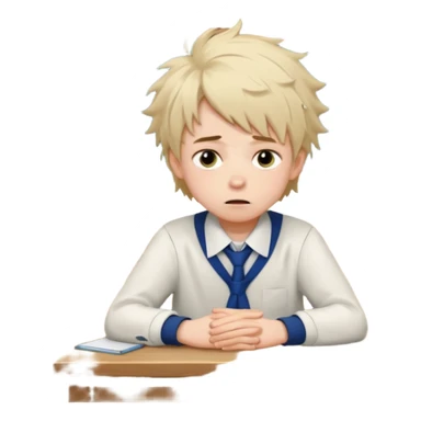 an anxious boyin school uniform sitting in front of a table sticker