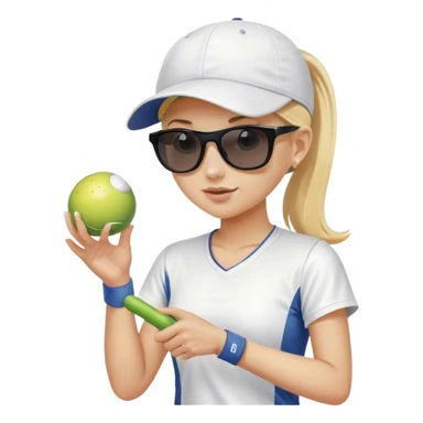 Girl with blond hair in a ponytail wearing a white baseball cap and sunglasses holding a  pickleball sticker