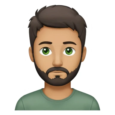 man with dark messy short hair, dark green eyes, gray T-shirt, and short beard sticker