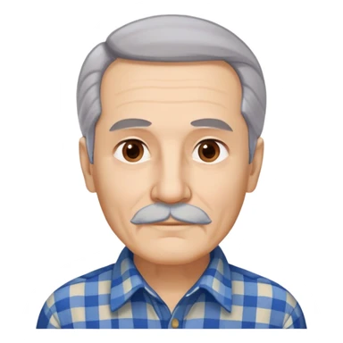 Senior Hispanic man with light complexion. Elongated face with wise expression. Relaxed brown eyes with gentle gaze. Thin eyebrows. White mustache connected to chin beard. Gray-white straight hair swept back. Wearing a beige and blue plaid long-sleeved shirt. sticker