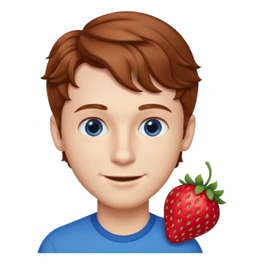 Please generate a portrait of a boy. He has wavy, light brown to reddish-brown hair, a right side parting, longer sideburns, blue eyes, a snub nose, and a somewhat pronounced, strawberry-red pout. He is smiling. sticker