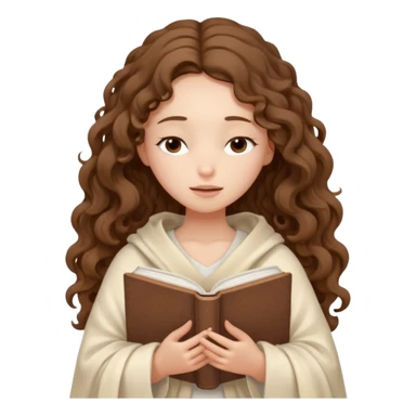 slender girl with fair skin with long curly brown hair wrapped in a cream blanket in her hands a white book eyes closed sticker