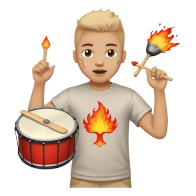 A loud fan, simple tee shirt with paint on his cheeks with a marching drum, beating it with fiery enthusiasm sticker