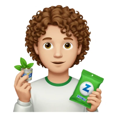 White Man with pretty Curley brown hairholding Zyn spearmint snus sticker