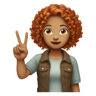 A curly red headed girl light skin with long hair and a middle part doing a peace sign with her hands sticker