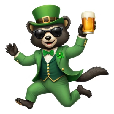 friendly anthropomorphised honey badger in a classic leprechaun suit with shamrock accessories, wearing sunglasses, jumping, St. Patrick's Day, no beer sticker