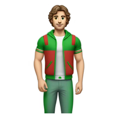retro 70s red and green gym clothes for a modern white brunette uni male student sticker