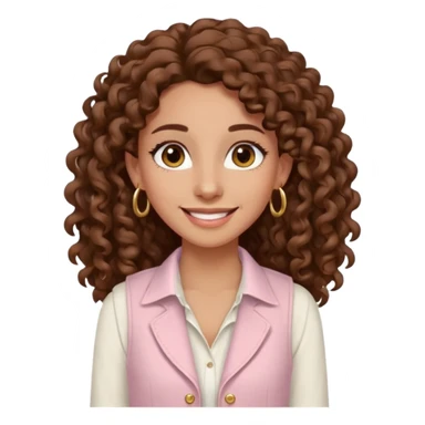 mujer un poco morena (no demasiado), pelo rizado largo, sonriendo, con ojos grandes y marrones con camisa rosa palo y un chaleco blanco y aretes dorados en forma de circulo en sus orejas  sticker