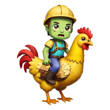 Create a cute and detailed emoji-style image of a Minecraft chicken jockey. A baby zombie riding on a chicken, both with simplified, expressive faces and bright colors. Keep the pixel art or cartoon style compact and readable at small sizes, like an emoji. sticker