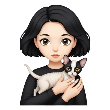 a  girl with black long hair with a white devon rex with black shirt sticker