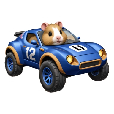 After-race dirt covered Midnight blue Local Motors Rally Fighter off road race car being driven by a five foot tall Guinea pig  sticker