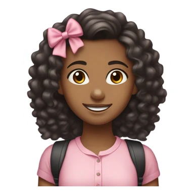 Light Brown Skin Girl, curly black hair, braces, smiling, bow and pink shirt sticker