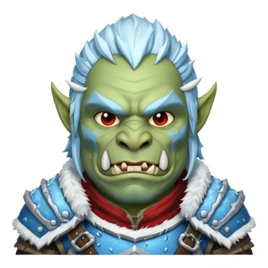 Fantasy Christmas orc portrait icon, frost clan warrior style, winter fur armor, icy details, strong brutal face, snowy battlefield mood, clean emoji style, male/female variant sticker