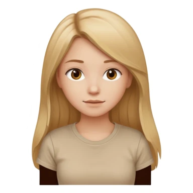 a girl with long light brown hair that is blond at the ends stands sideways in a beige T-shirt sticker