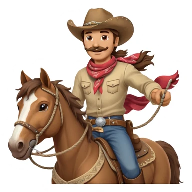 clash-of-clans-aesthetic_-cinematic-playful-cowboy-portrait-emoji, head-tilted with a roguish, cheeky grin and twinkling eyes, featuring a rugged, spirited build with a wide-brimmed cowboy hat and a weathered bandana on tan skin, brown hair and a moustache , riding a powerful galloping horse with dynamic flowing mane, reins gripped firmly in one hand and a lasso in the other, as dust swirls behind them in a vast desert landscape. sticker