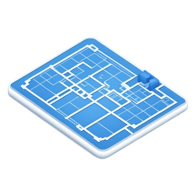 blue blueprint plan with white lines and shaded objects, isometric angle sticker