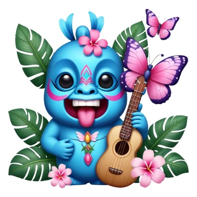 Pixar style little Blue and pink tiki singing with a butterfly and tropical flowers, ultra detailed and lifelike imagery, realistic sticker